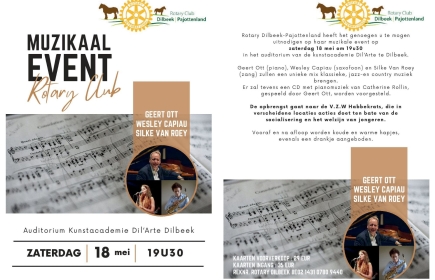 Rotary Dilbeek-Pajottenland  muzikaal event op
Za. 18/5/2024 -19h30 Dil’Arte te Dilbeek.